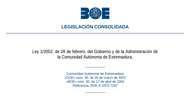 Test de la Ley 1/2002, de 28 de febrero, del Gobierno y de la Administración de la Comunidad Autónoma de Extremadura